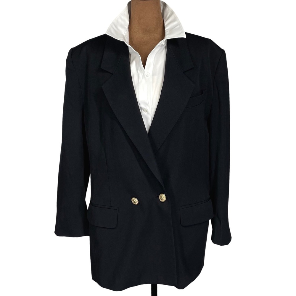 Talbots Women Black 100% Wool Double Breasted Blazer Gold Crest Buttons Japan 12